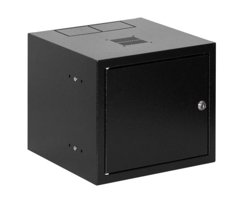 SZAFA WISZĄCA RACK 10 4UX310X300 IP30 Z DRZWIAMI PEŁNYMI CZARNA 9005 SZW10-4U-30-DP-C przód drzwi zamknięte zamek po lewej stronie.jpg