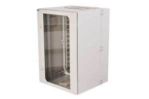 Szafa wisząca rack 19″ dwuczęściowa 18U 600x600 IP54 Ściany boczne pełne Drzwi z szybą Wewnętrzna RAL 7035 szara SWKD19-18U-60-DS-W