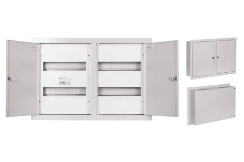 Rozdzielnica modułowa 4x12 podtynkowa 48 modułów IP31 545x355x120 Biała RP 48A Z ZAMKIEM tył zdjecie z trzema perspektywami.webp