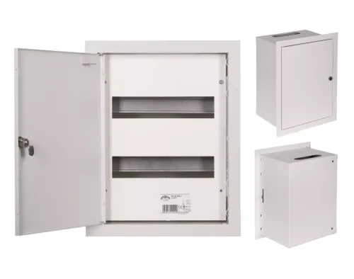 Rozdzielnica modułowa podtynkowa 24 moduły IP31 270x355x120 Biała RP 24 Z ZAMKIEM widok trzech perspektyw rozdzielnicy.webp