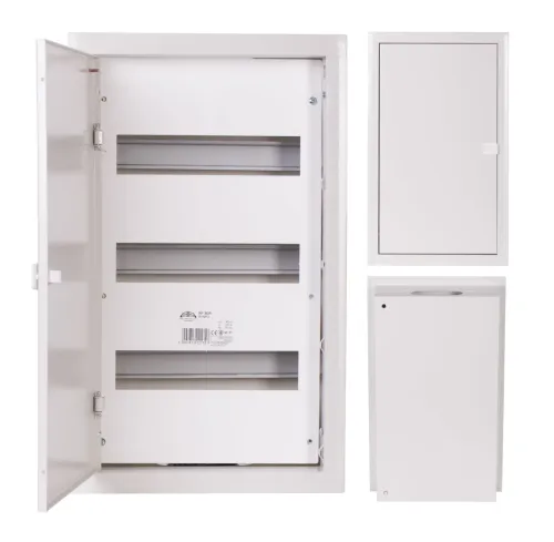 Rozdzielnica elektryczna modułowa 3x12 IP31 270x480x120 Biały z zatrzaskiem RP 36 modułów widok z trzema perspektywami rozdzielnicy.webp