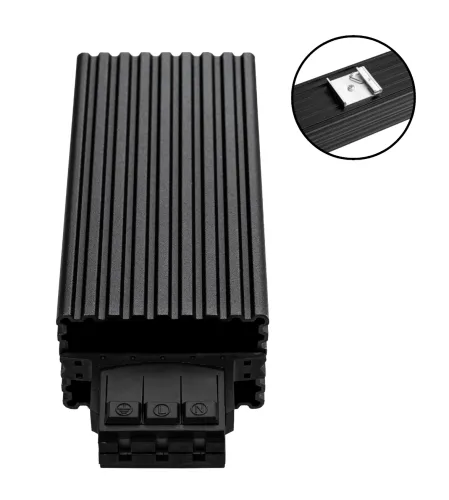 Element Grzejny do szaf sterowniczych Grzałka z wentylatorem 100W IP20 RS-0012-75W z widocznym uchwytem tylnym.webp