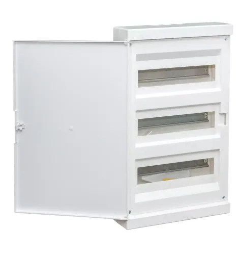 Plastikowa Rozdzielnica modułowa 39 modułów IP33 310x530x105 Biała na zatrzask ALFA 39 BD otwarte drzwi przednie.webp