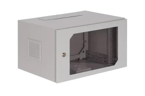 Szafa rack wisząca 19 6U 600x400 IP54 Wewnętrzna Drzwi z szybą RAL 7035 SWK19-6U-40-DP-W przód (2).webp