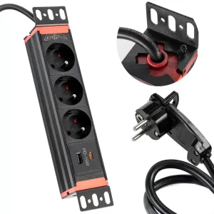 Listwa zasilająca Rack 10" obrotowa 360° (3 gniazda + USB C/A) Płaska wtyczka