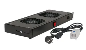 Panel Wentylacyjny do szaf rack 19" 2 wentylatory z Kablem i Termostatem CZARNY RAL 9005 19-0069C