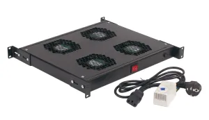 Panel Wentylacyjny do szaf rack 19" 4 Wentylatory z Kablem i Termostatem CZARNY RAL 9005 Wydajność 4x163 m3/h 19-0071C