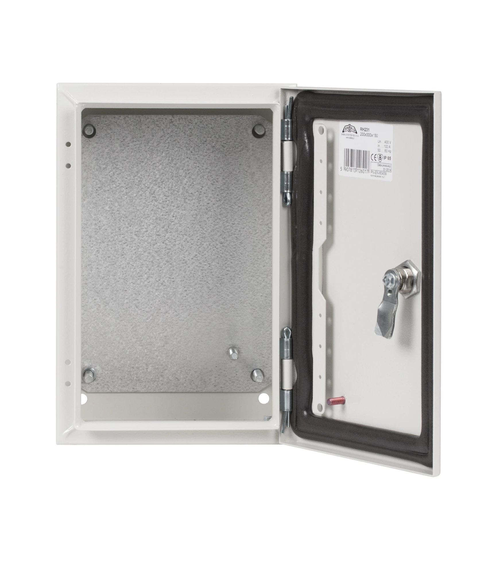 Obudowa hermetyczna wnętrzowa z płytą montażową ocynkowaną 2mm i zamkiem na klucz piórkowy RH 231 zdjęcie otwarte środek