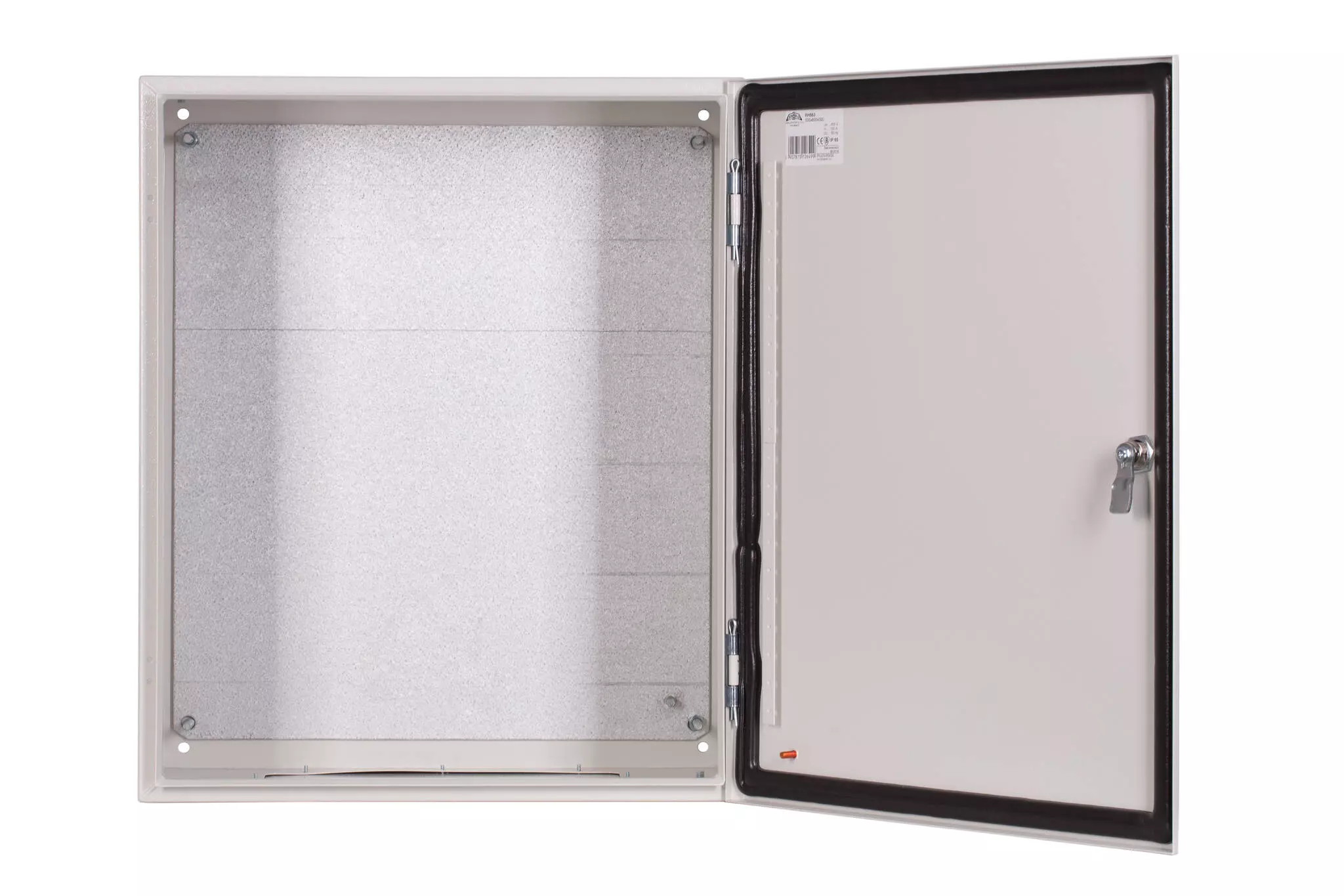 Obudowa hermetyczna wnętrzowa z płytą montażową ocynkowaną 2mm i zamkiem na klucz piórkowy otwarte środek