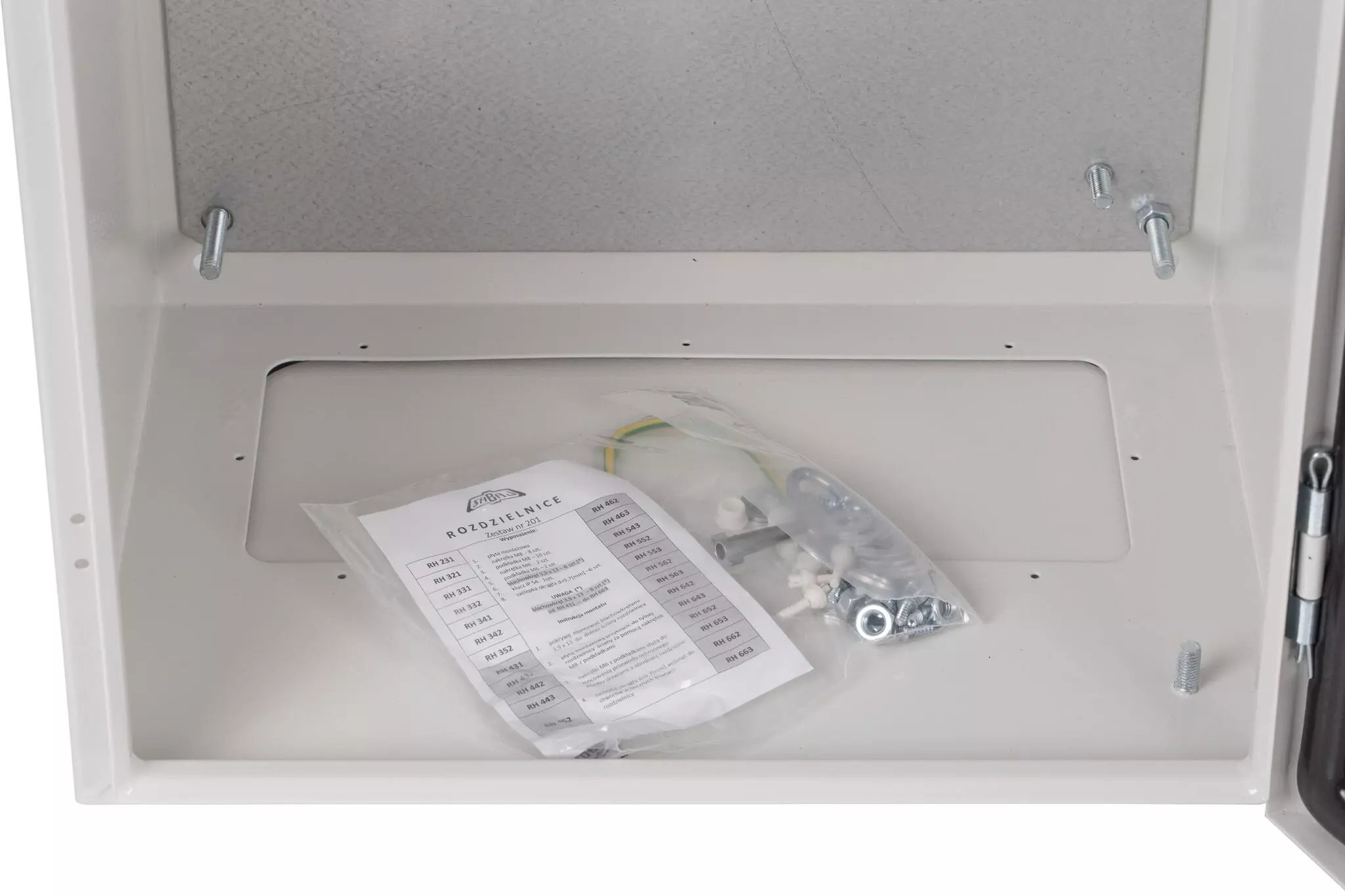 Obudowa hermetyczna wnętrzowa z płytą montażową ocynkowaną 2mm i zamkiem na klucz piórkowy  zdjęcie otwarte środek