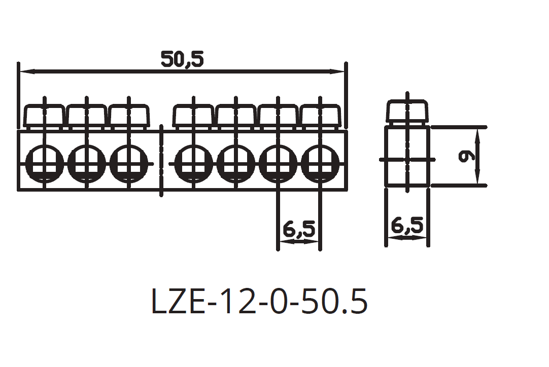 Listwa zerowa LZE-12-0-50,5 – rysunek techniczny z wymiarami