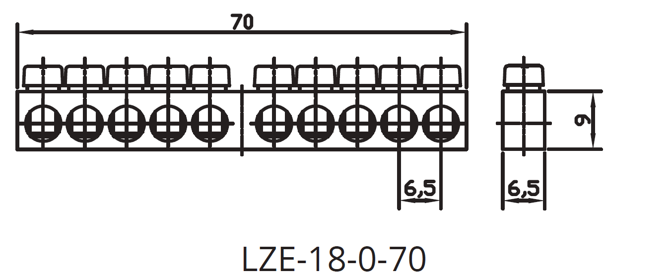 Listwa zerowa LZE-18-0-70 – rysunek techniczny z wymiarami