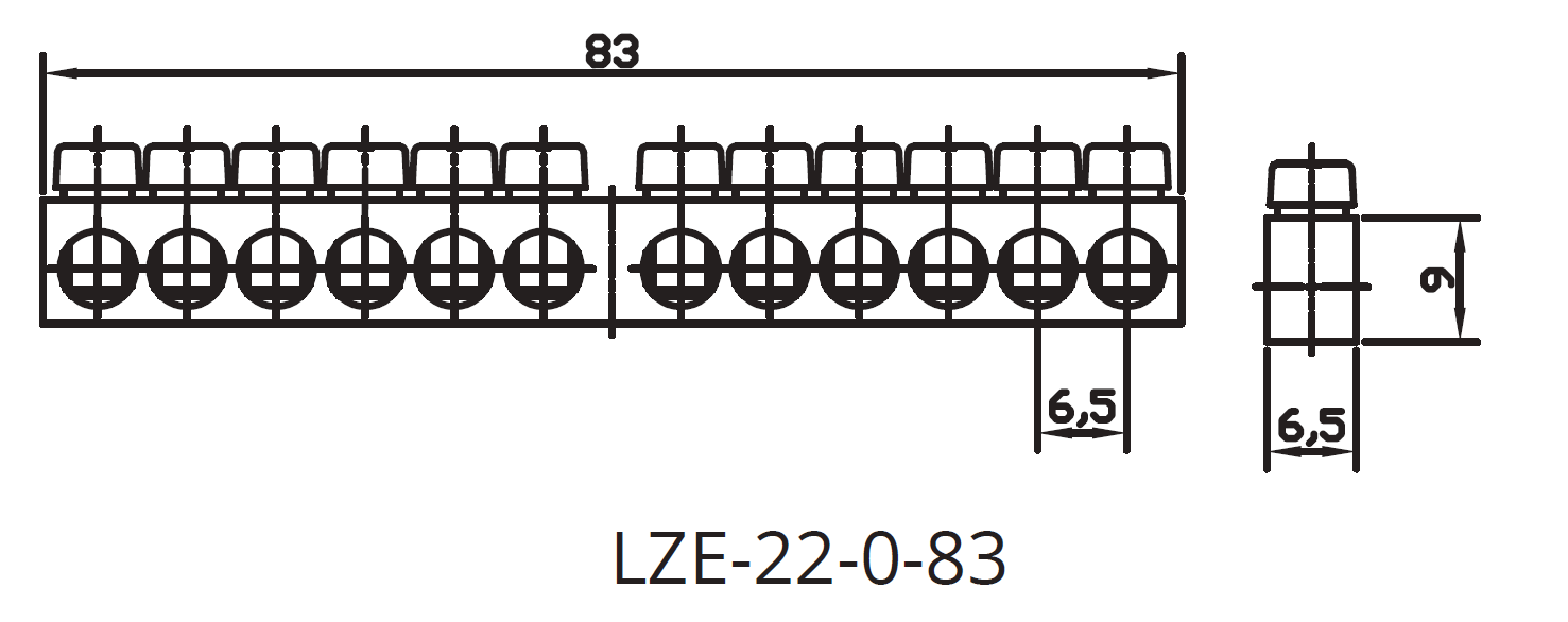 Listwa zerowa LZE-22-0-83 – rysunek techniczny z wymiarami